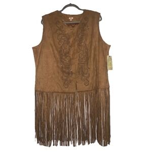 Reba Desert Cognac Western Fringe Studded Women Vest 2X Brown Suede Cowgirl Boho